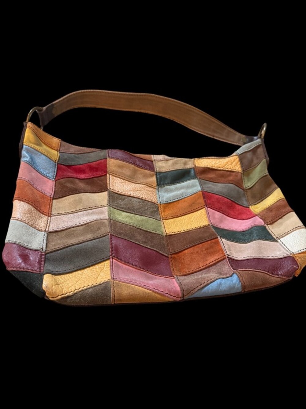 Y2K Lucky Brand Suede Multicolor Patchwork Hobo Shoulder Bag Chevron Indie Read